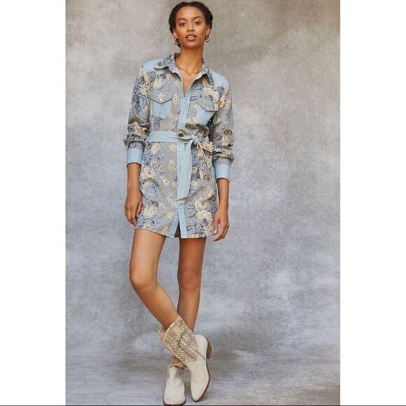 NEW Anthropologie Love The Label Floral Chambray Buttondown Mini Dress X-Small - Picture 1 of 4